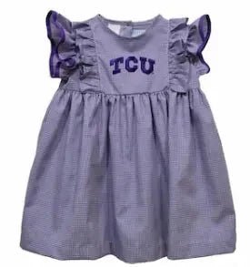 TCU Horned Frogs Embroidered Purple Gingham Ruffle Dress-size 5 - Abbies Place
