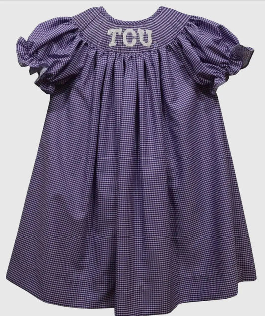 TCU Horned Frogs Smocked Purple Gingham Short Sleeve Bishop Dress - Abbies Place