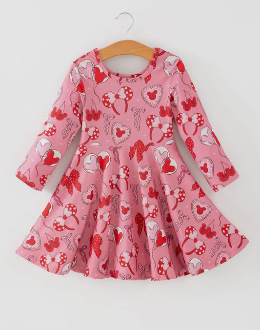 Toddler Girls Valentine Party Pink Dress - Red Bow Heart Print Outfit - Abbies Place