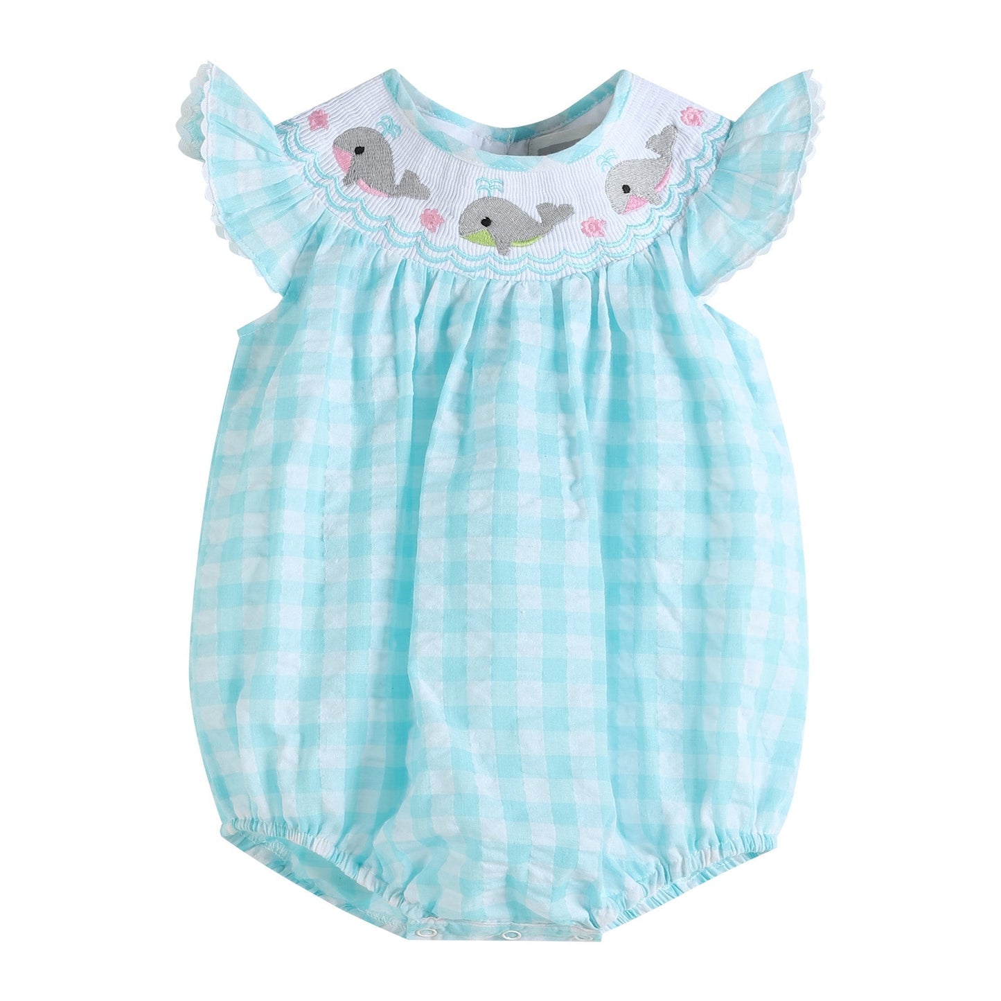 Turquoise Gingham Whale Smocked Flutter Bubble Romper - Abbies Place