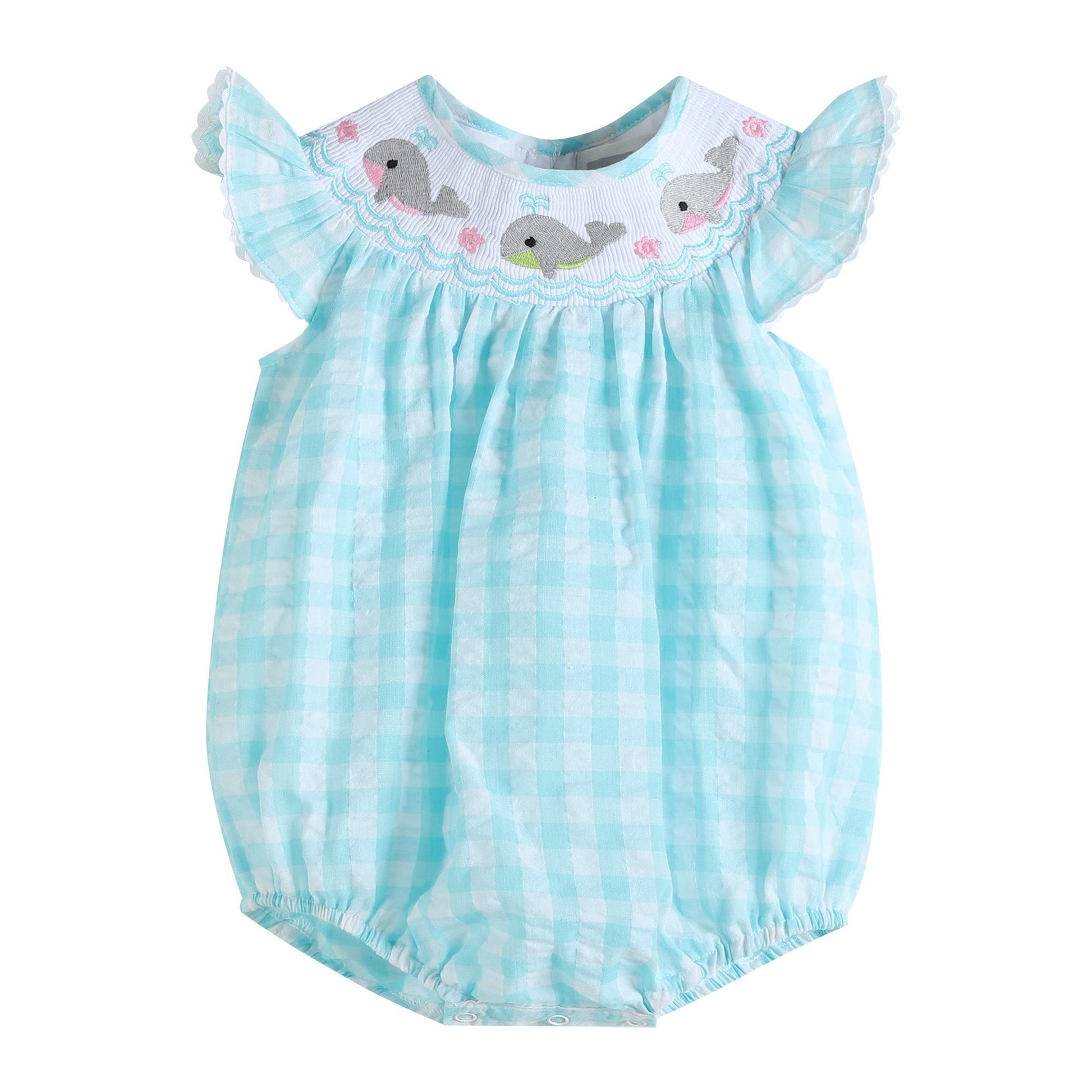 Turquoise Gingham Whale Smocked Flutter Bubble Romper - Abbies Place