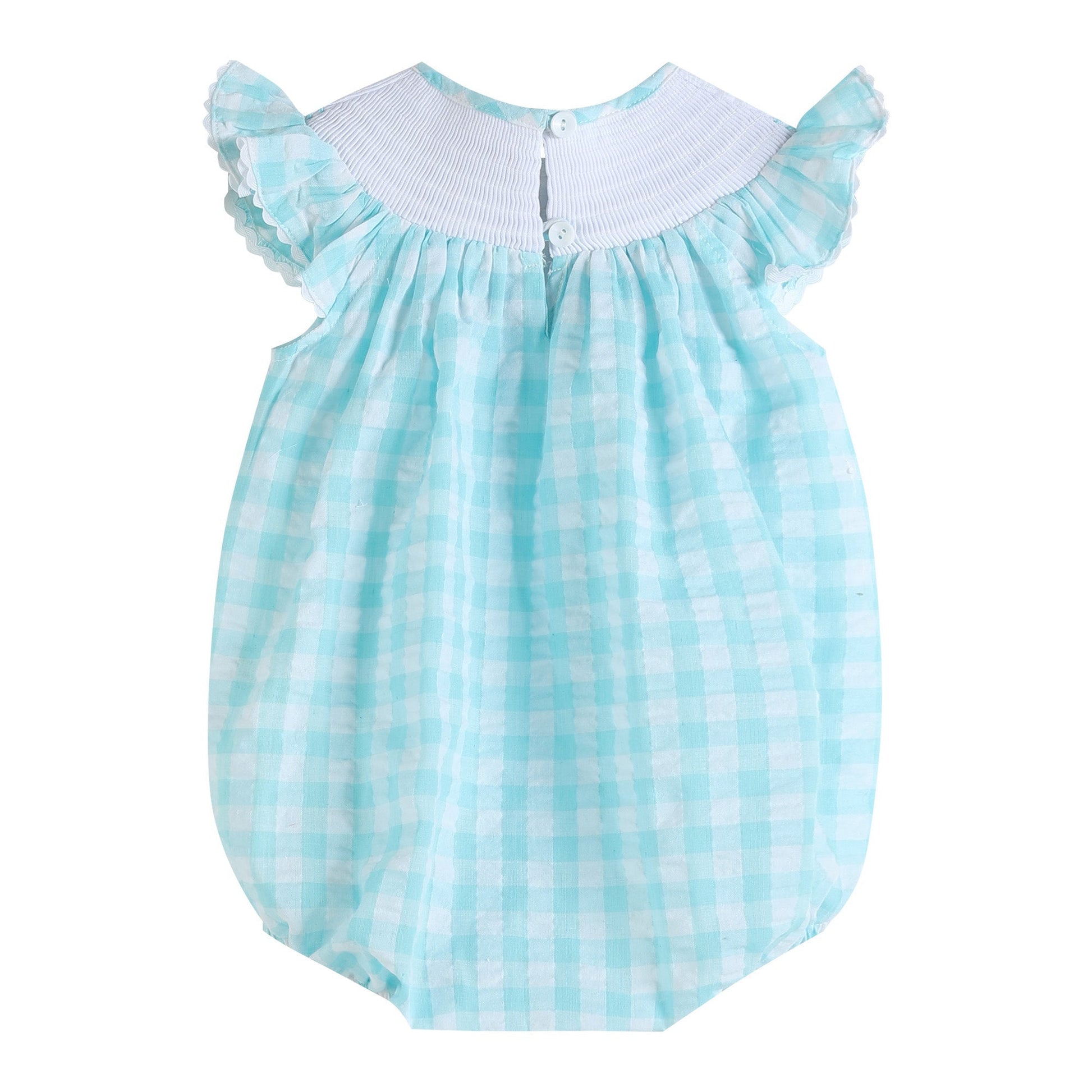 Turquoise Gingham Whale Smocked Flutter Bubble Romper - Abbies Place