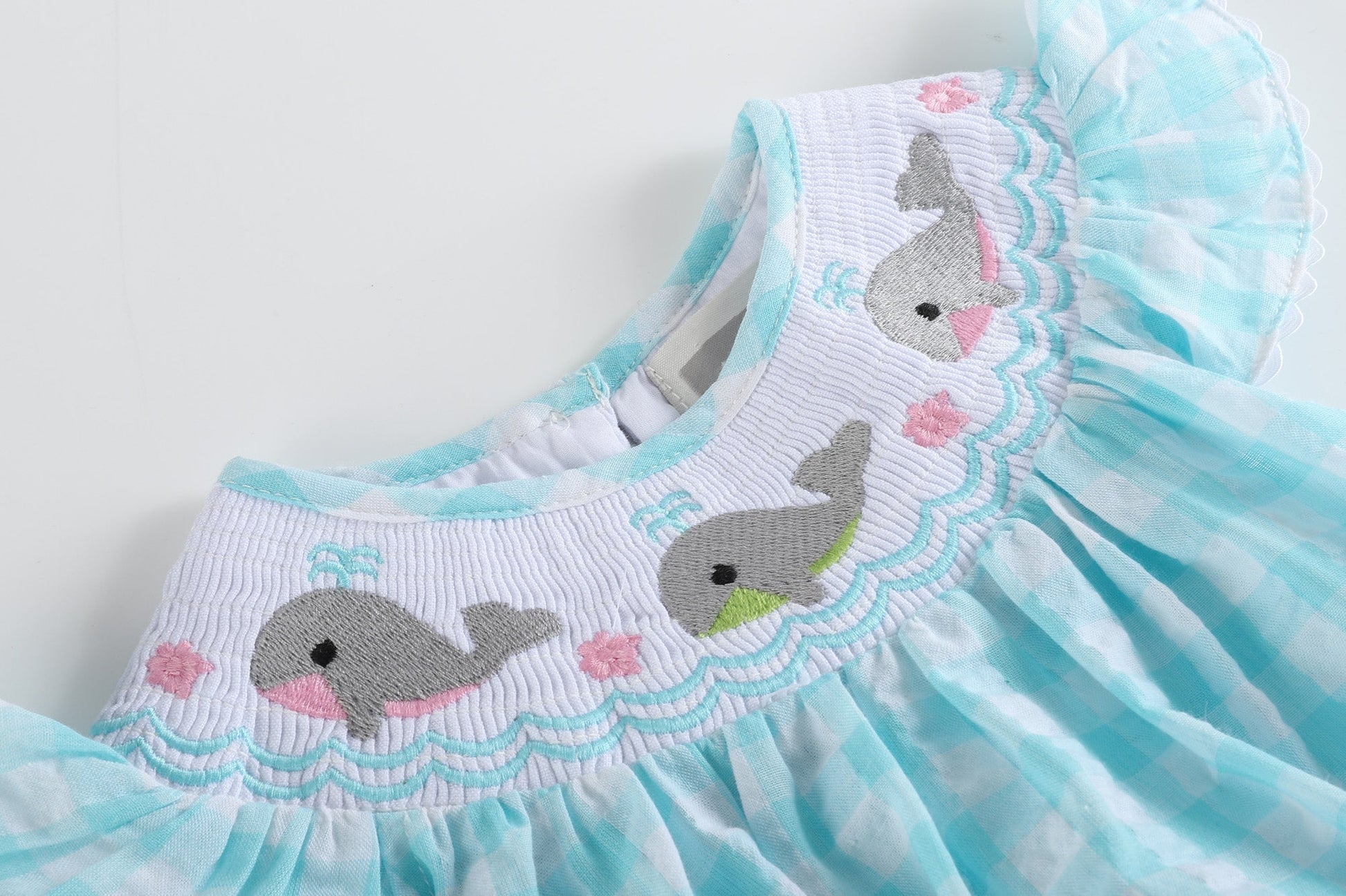 Turquoise Gingham Whale Smocked Flutter Bubble Romper - Abbies Place