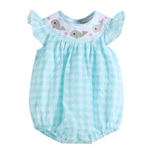 Load image into Gallery viewer, Turquoise Gingham Whale Smocked Flutter Bubble Romper
