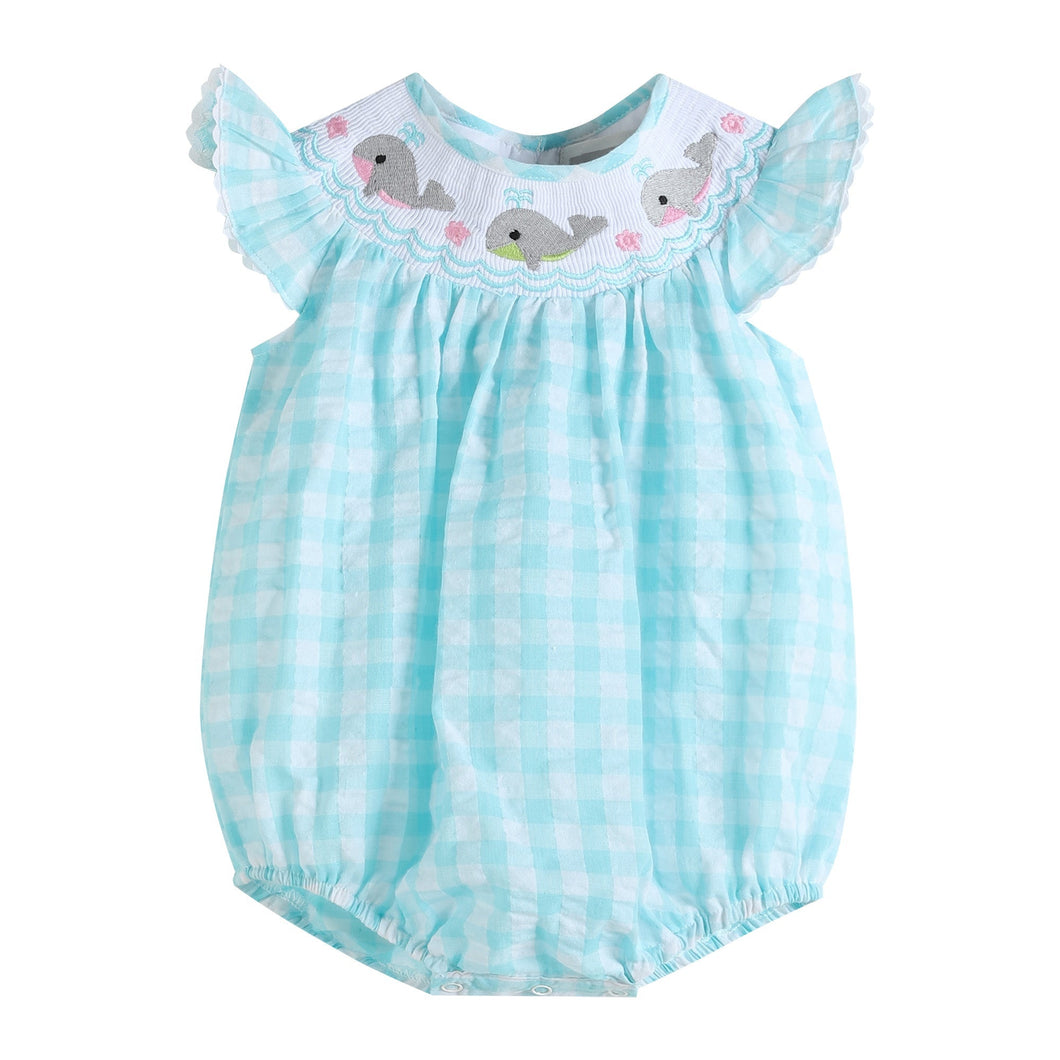 Turquoise Gingham Whale Smocked Flutter Bubble Romper