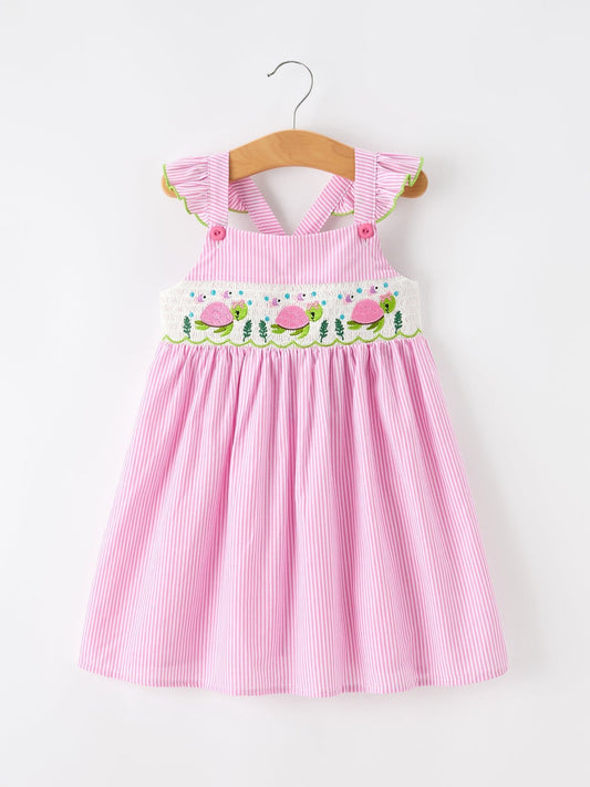 Turtle Girls Dress Pink Stripe Ruffle Strap - Abbies Place