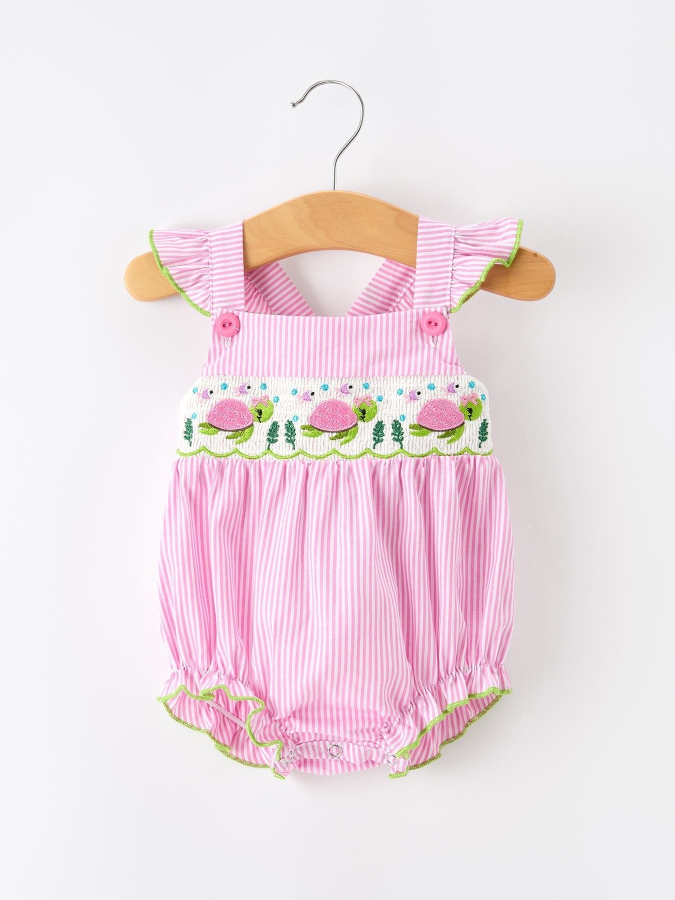 Turtle Girls Romper Pink Stripe Ruffle Strap Smocked - Abbies Place