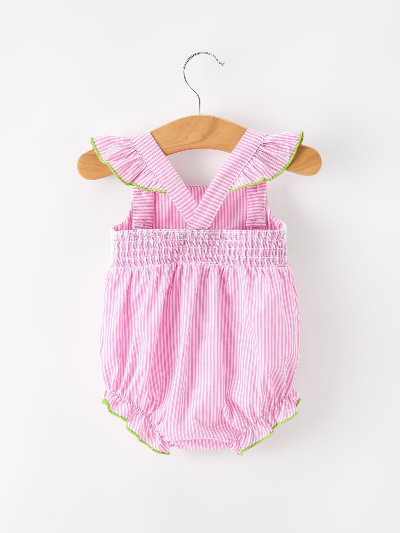 Turtle Girls Romper Pink Stripe Ruffle Strap Smocked - Abbies Place