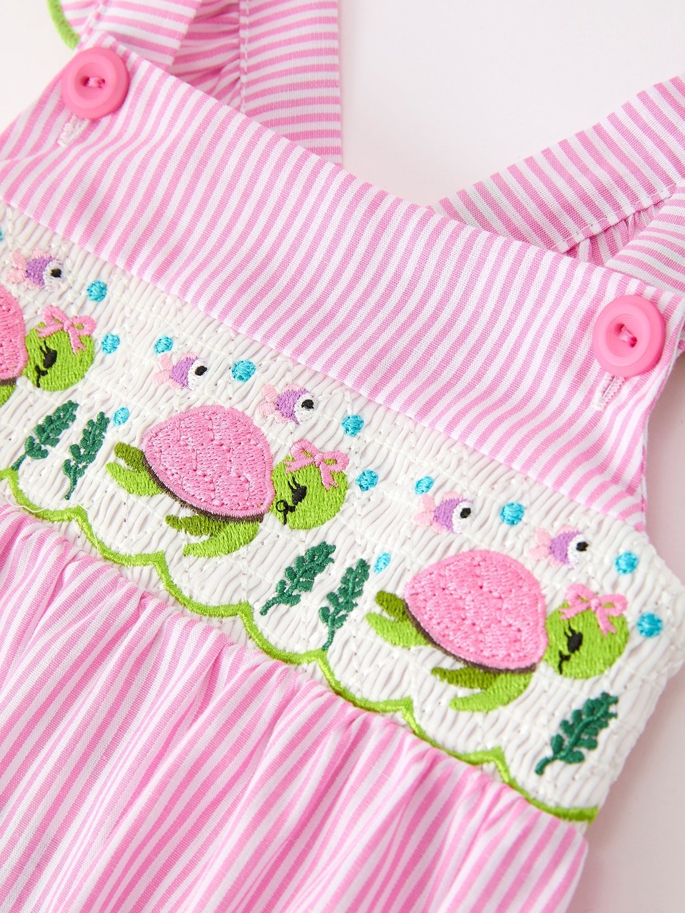 Turtle Girls Romper Pink Stripe Ruffle Strap Smocked - Abbies Place