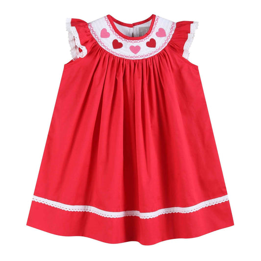 Valentine Red Heart and Lace Smocked Bishop Dress - Abbies Place