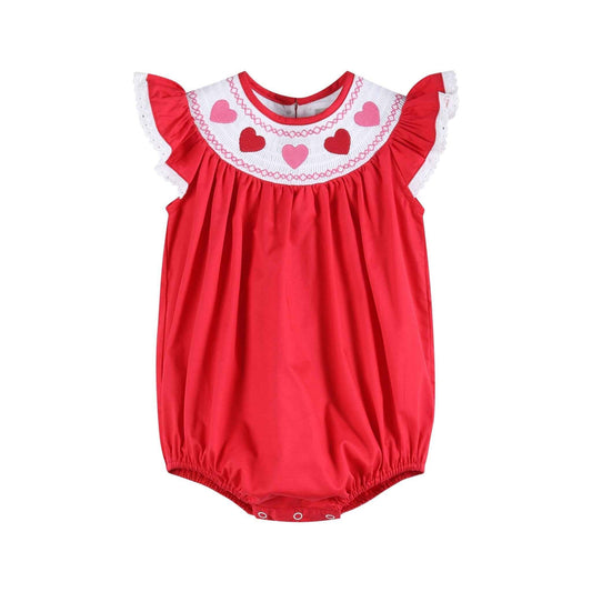 Valentine Red Heart and Lace Smocked Romper - Abbies Place