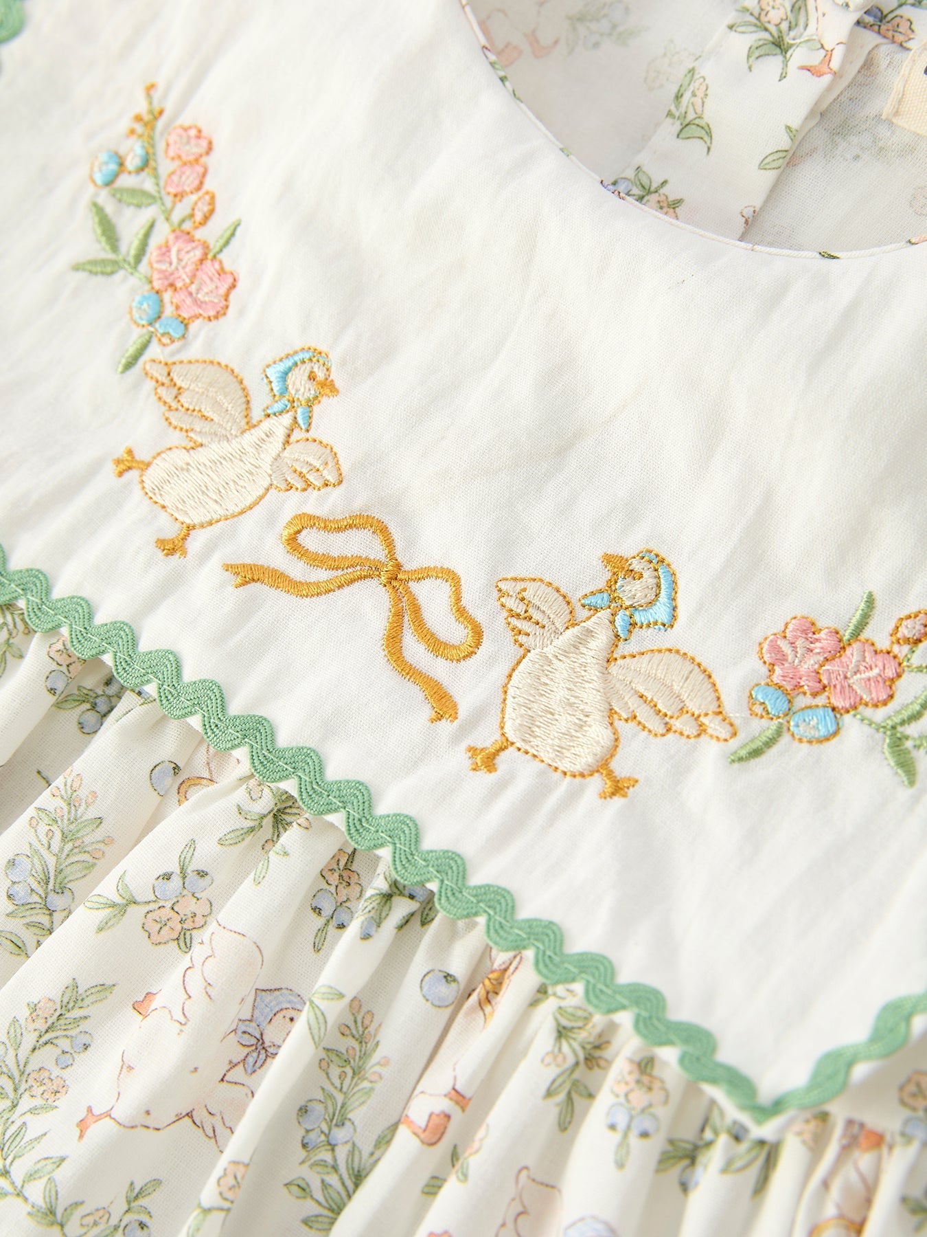 Vintage Floral Duck Embroidery Spring Girl Dress - Abbies Place