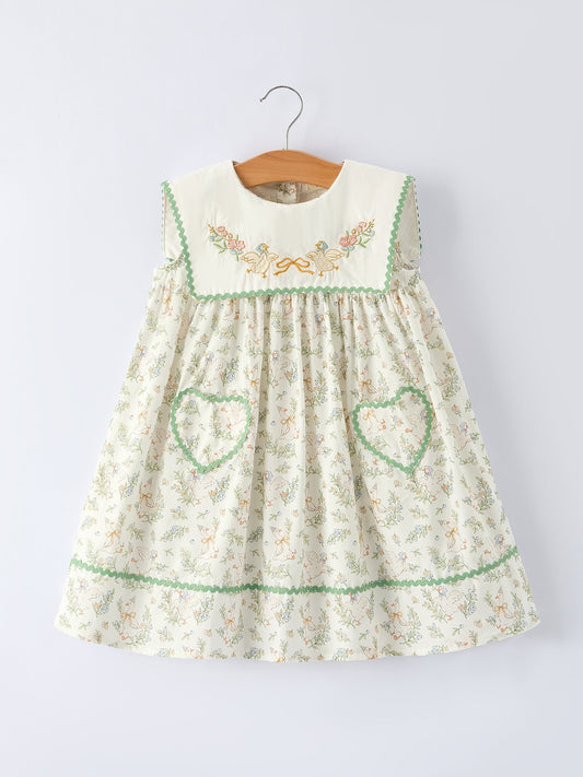 Vintage Floral Duck Embroidery Spring Girl Dress - Abbies Place