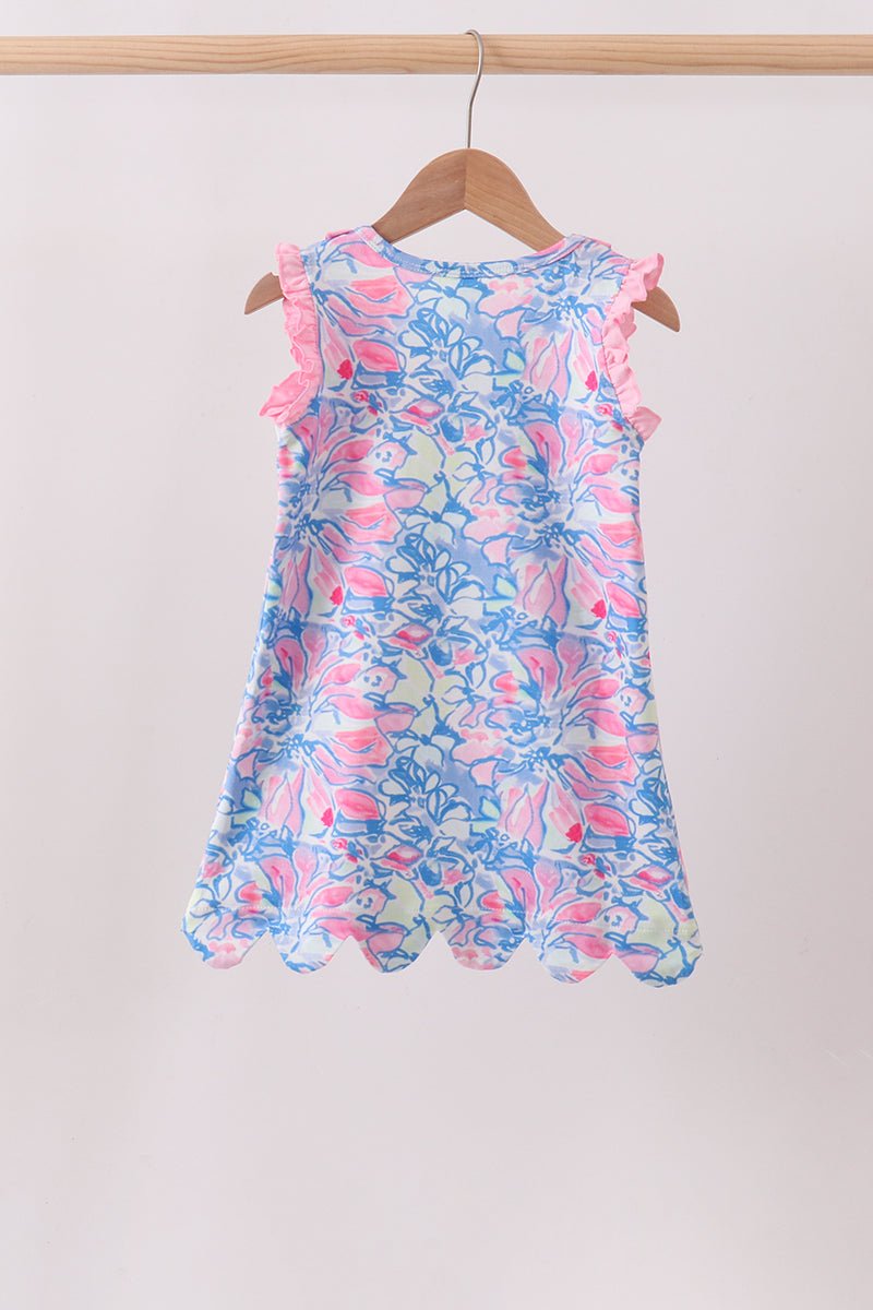 Watercolor floral ruffle scalloped dress - Abbies Place