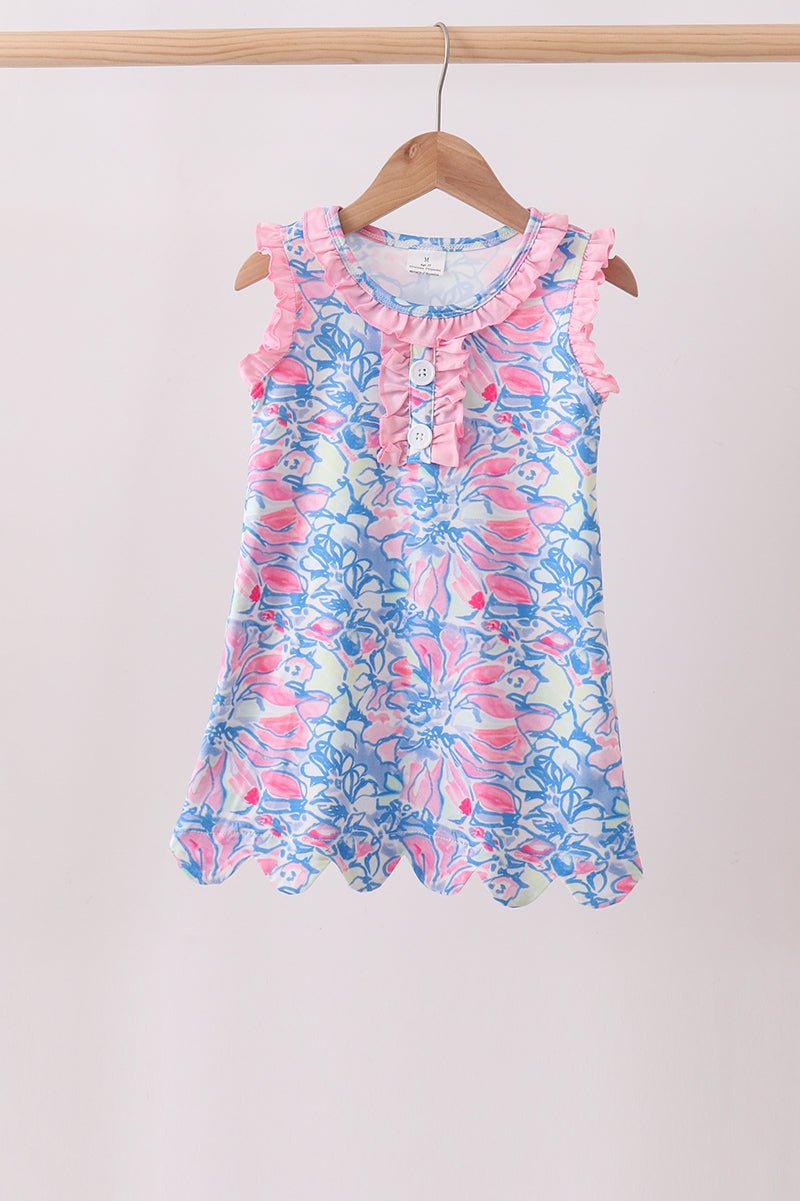 Watercolor floral ruffle scalloped dress - Abbies Place