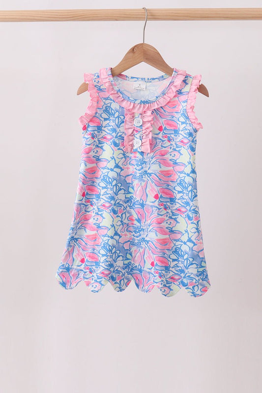 Watercolor floral ruffle scalloped dress - Abbies Place