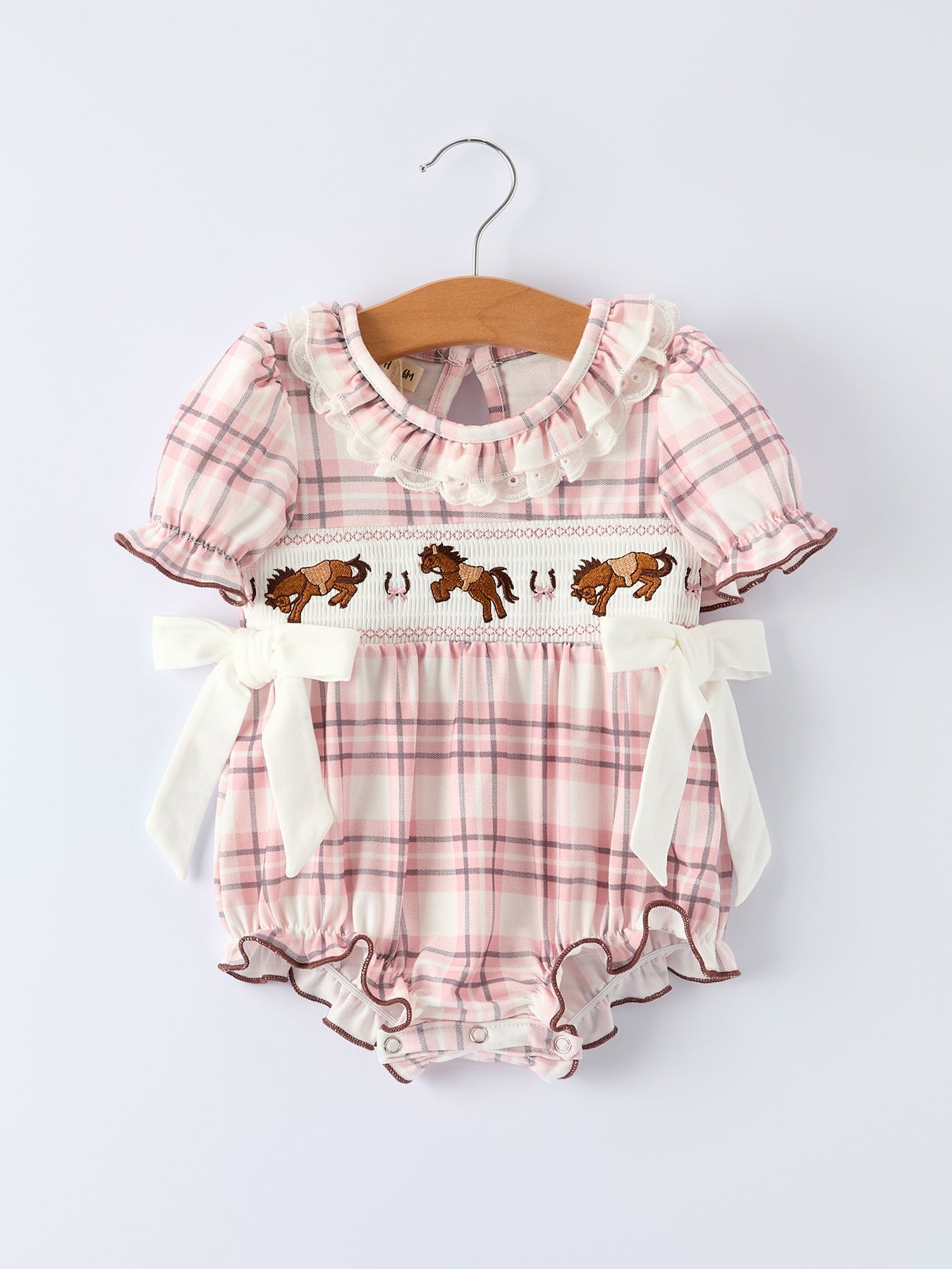 Western Horse Embroidered Smocked Plaid Baby Girl Romper - Abbies Place