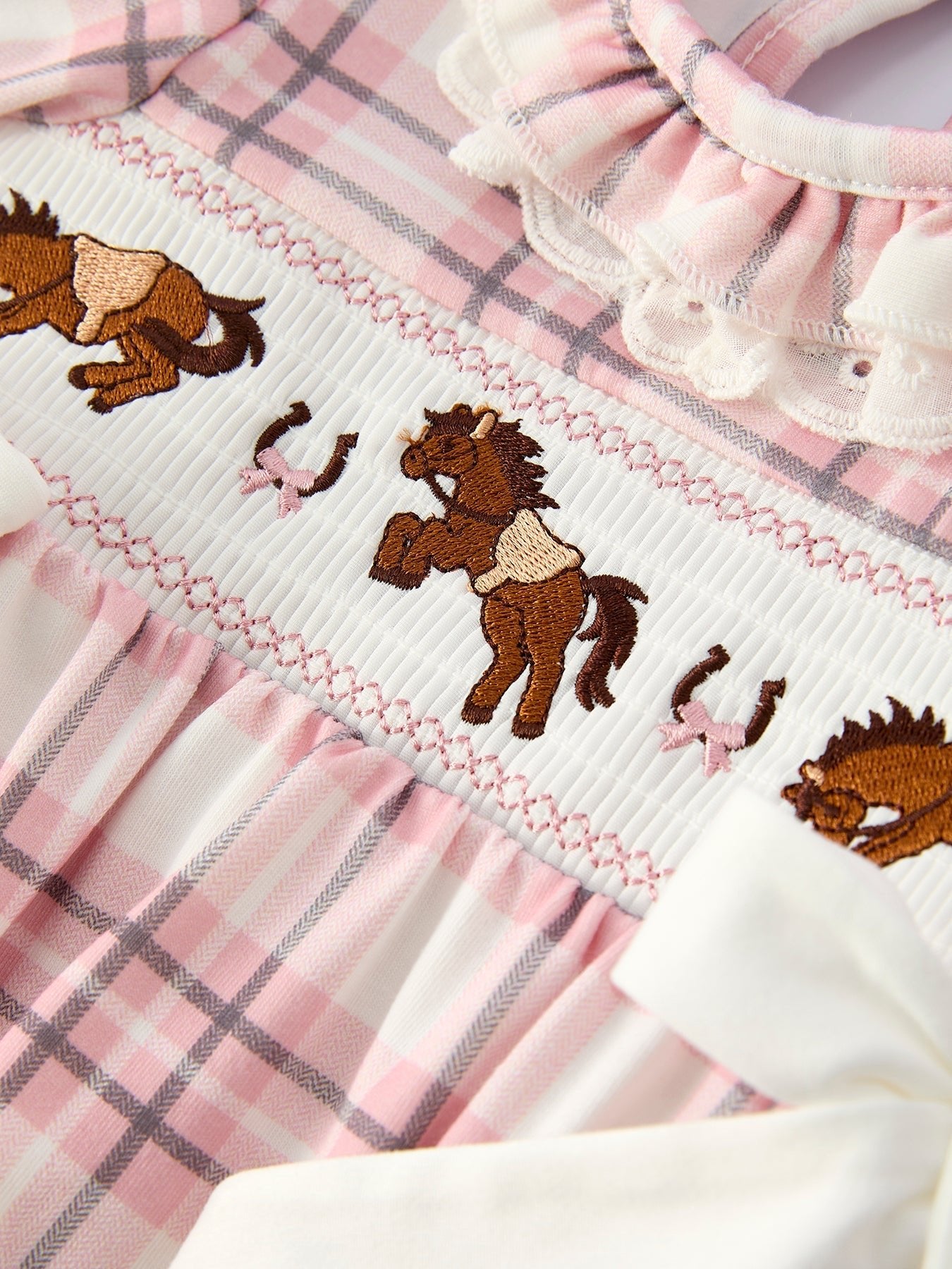 Western Horse Embroidered Smocked Plaid Baby Girl Romper - Abbies Place