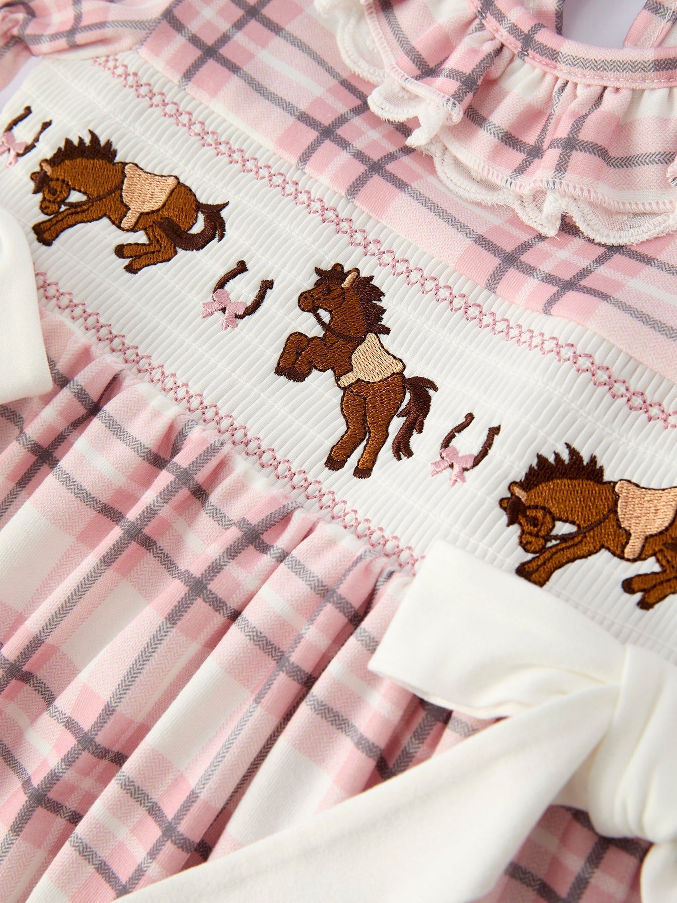Western Horse Embroidered Smocked Plaid Girls Dress - Abbies Place