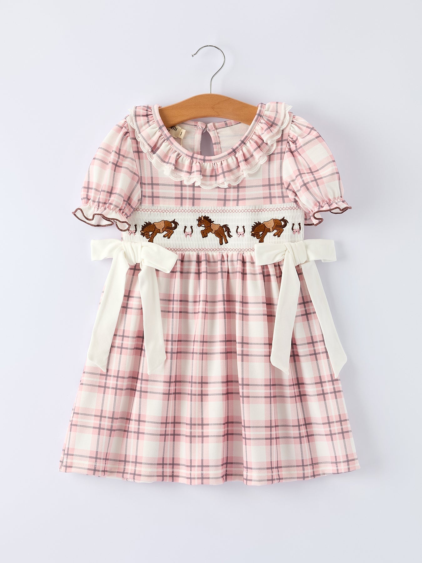 Western Horse Embroidered Smocked Plaid Girls Dress - Abbies Place