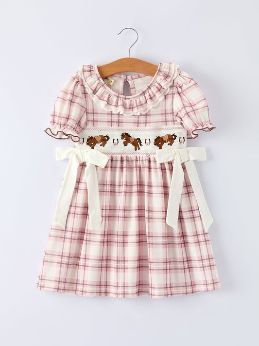 Western Horse Embroidered Smocked Plaid Girls Dress - Abbies Place