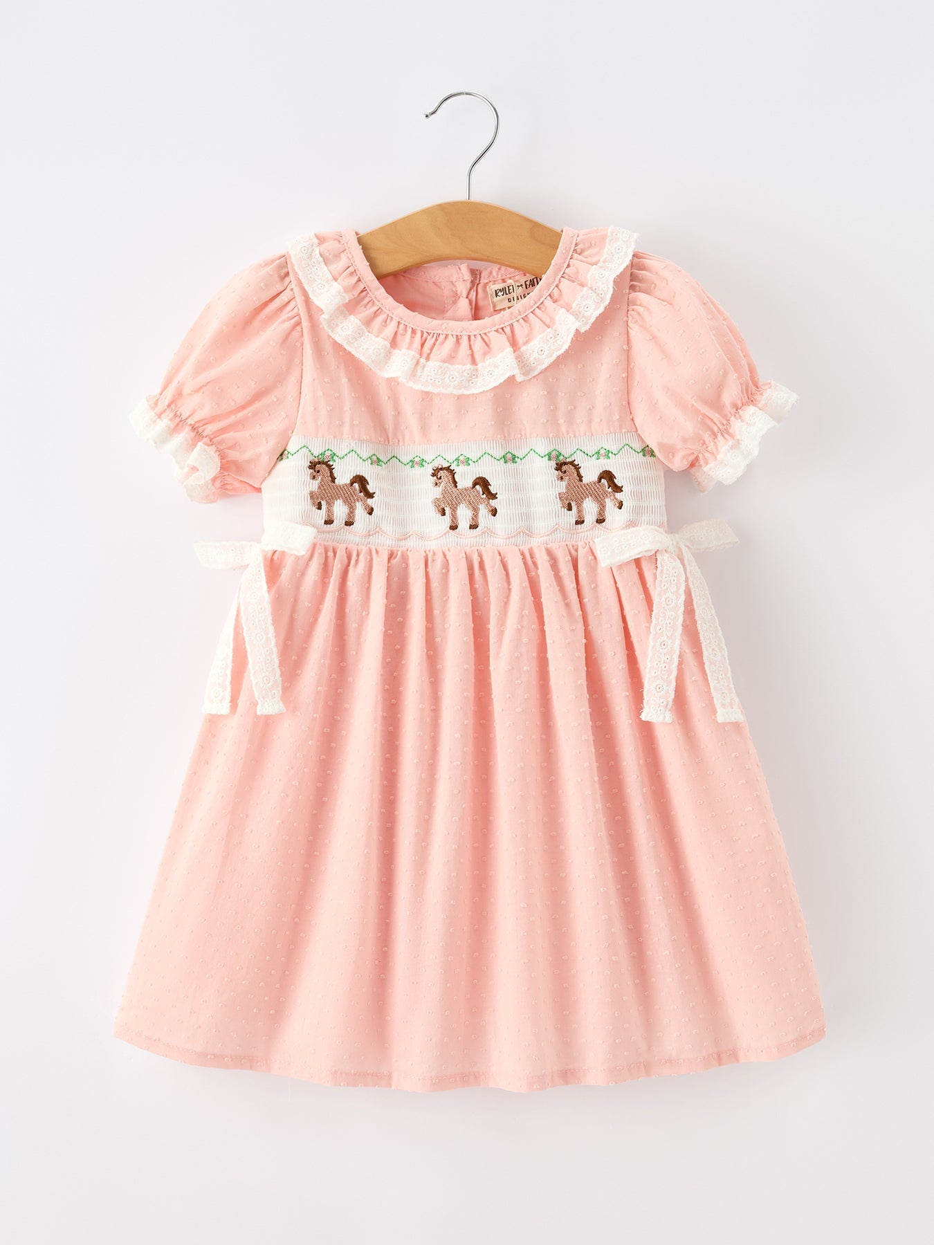 Western Horse Embroidery Girls Dress Lace Petals Collar Puff Sleeve - Abbies Place