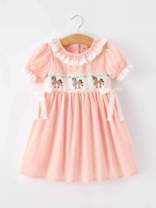 Western Horse Embroidery Girls Dress Lace Petals Collar Puff Sleeve - Abbies Place