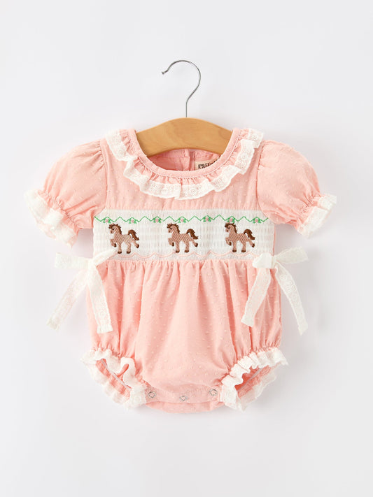 Western Horse Embroidery Girls Romper Lace Petals Collar Puff Sleeve - Abbies Place