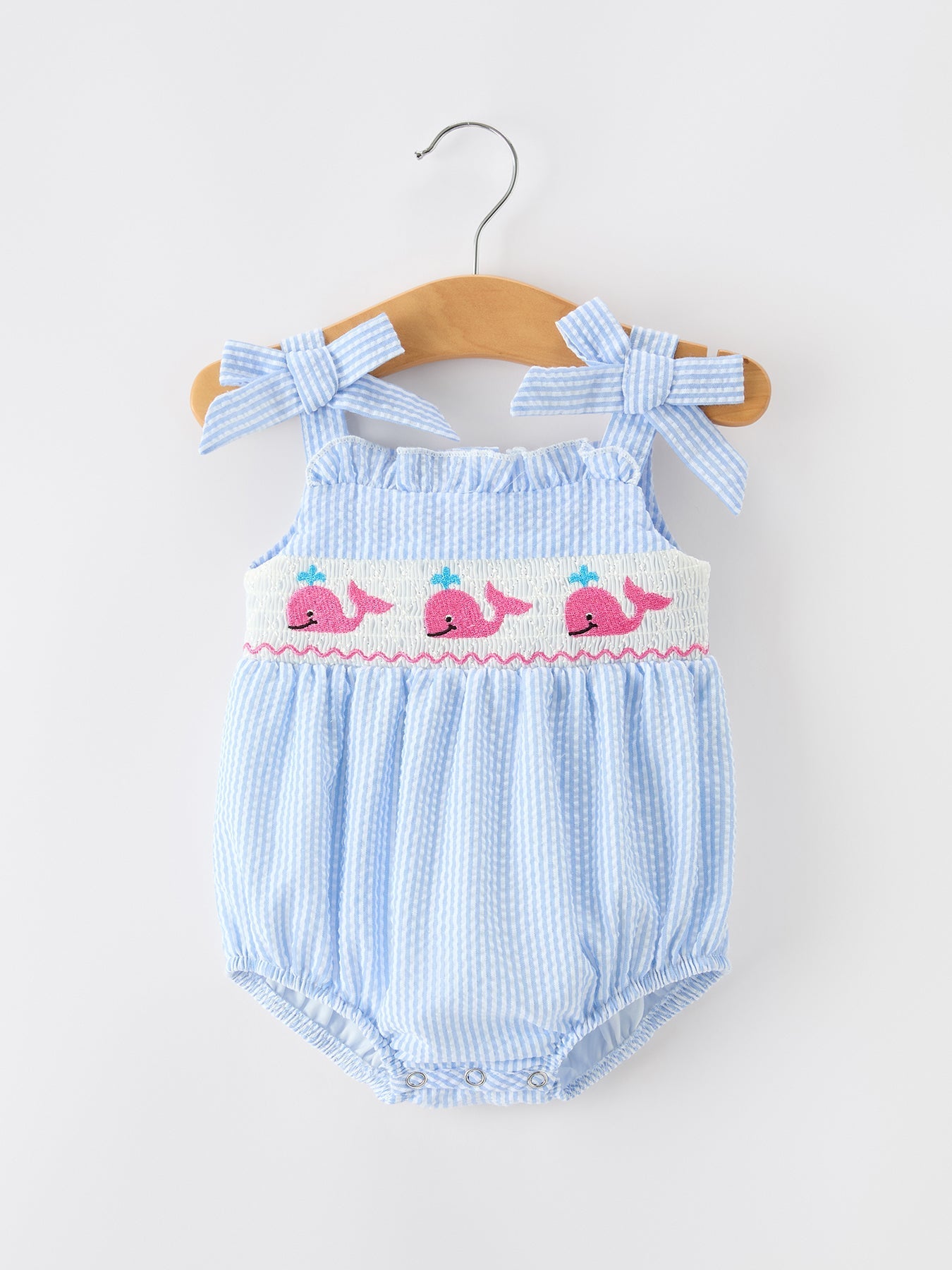 Whale Embroidered Smocked Seersucker Baby Girl Romper Bow - Abbies Place