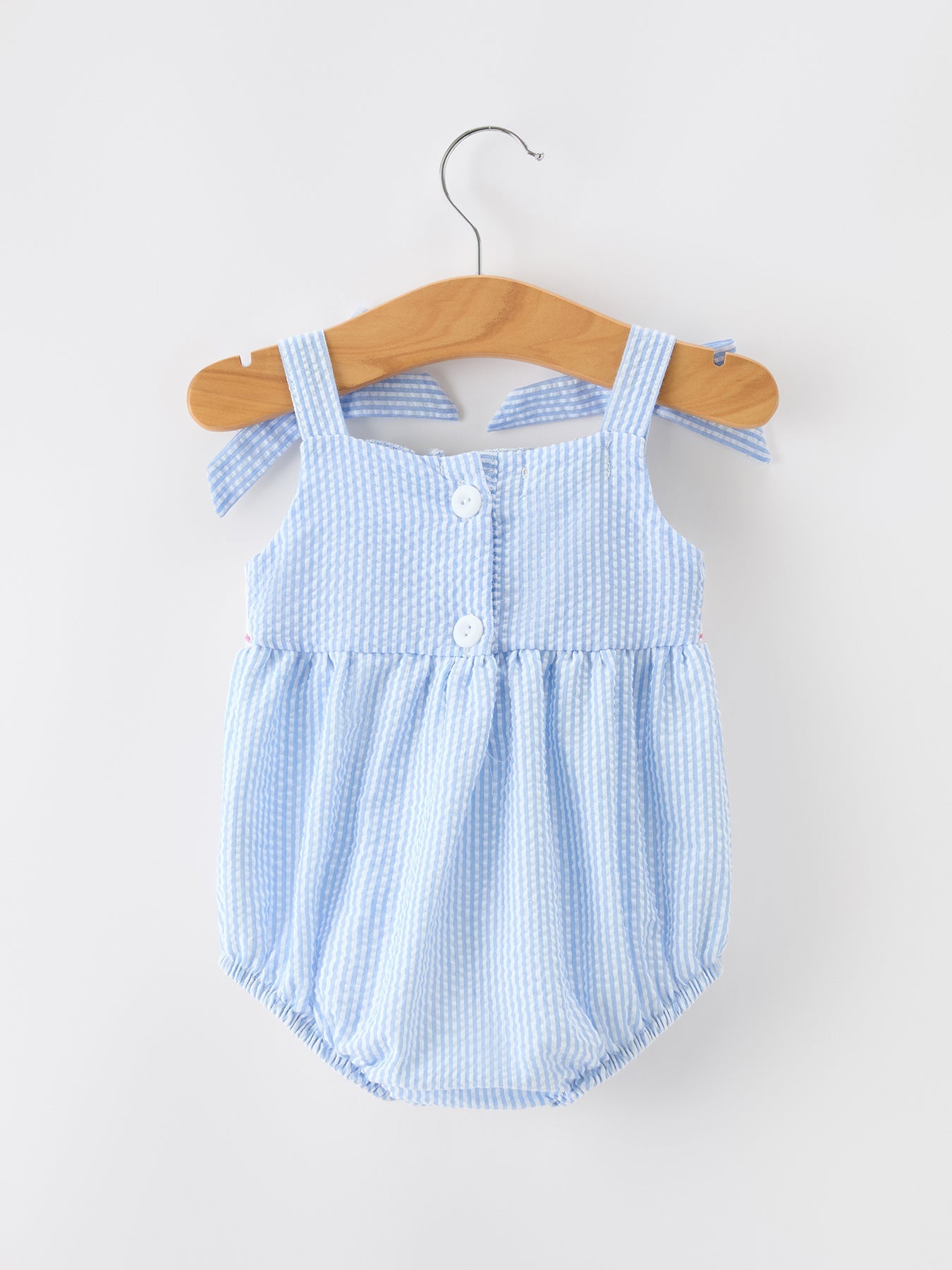 Whale Embroidered Smocked Seersucker Baby Girl Romper Bow - Abbies Place