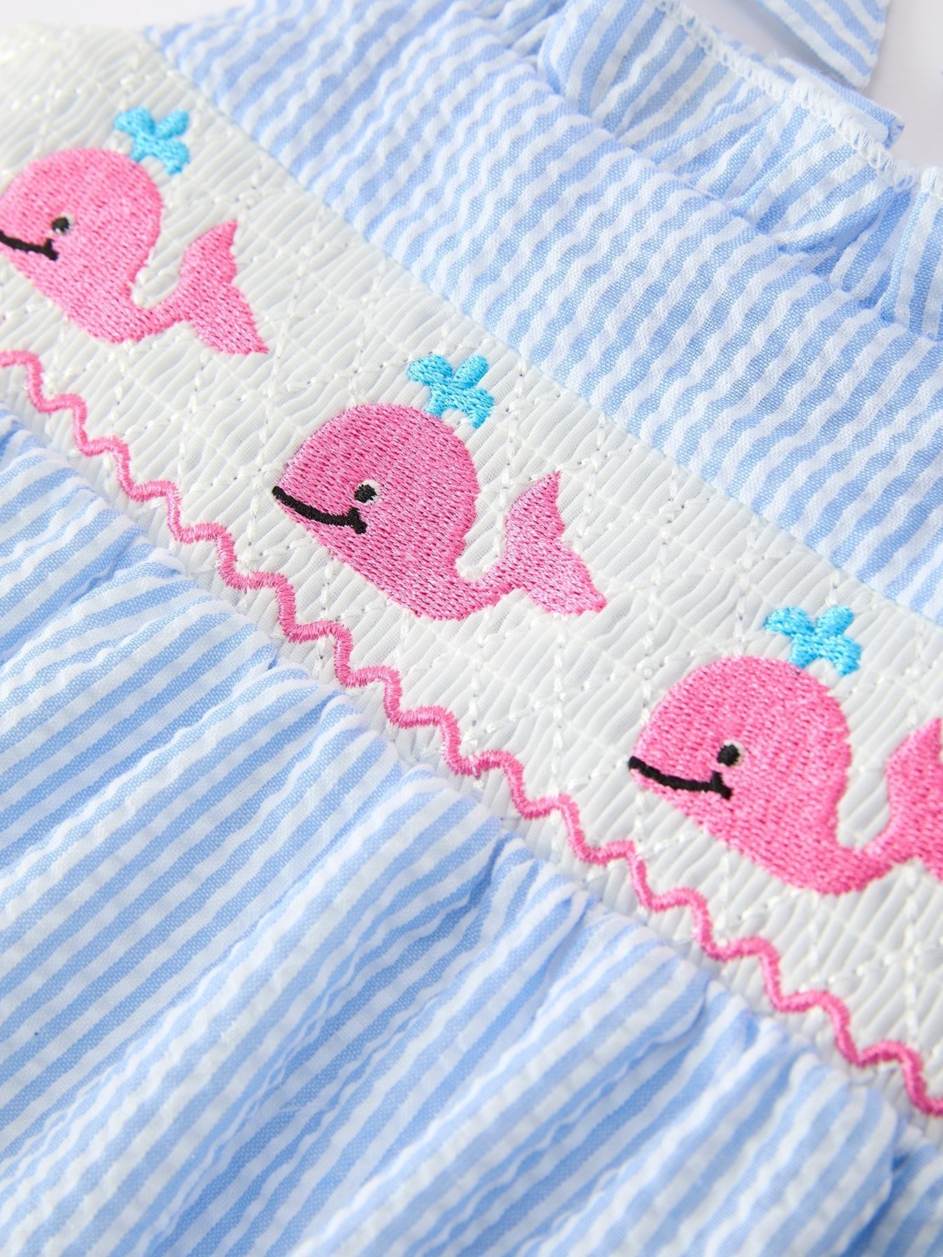 Whale Embroidered Smocked Seersucker Baby Girl Romper Bow - Abbies Place