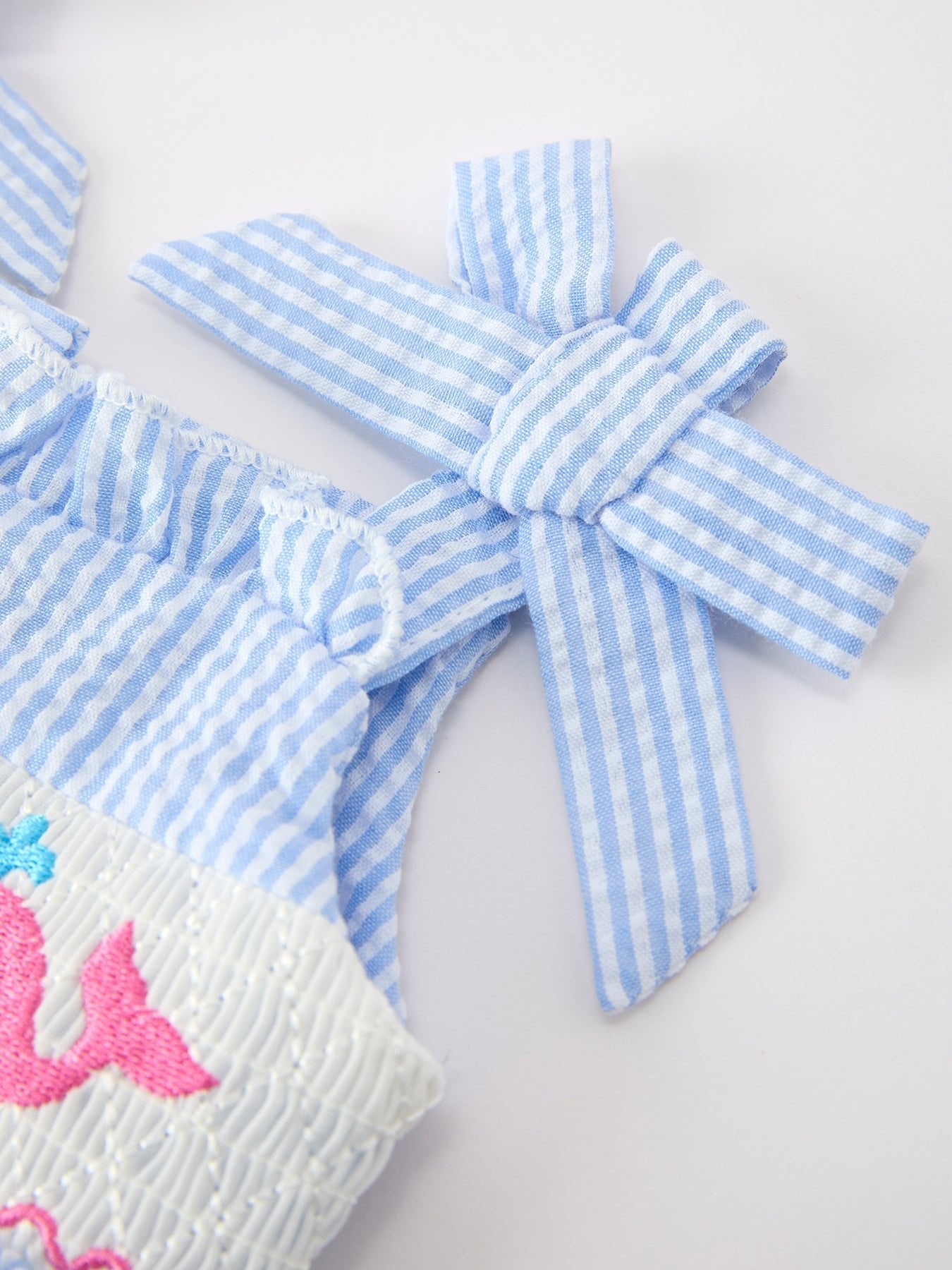 Whale Embroidered Smocked Seersucker Baby Girl Romper Bow - Abbies Place