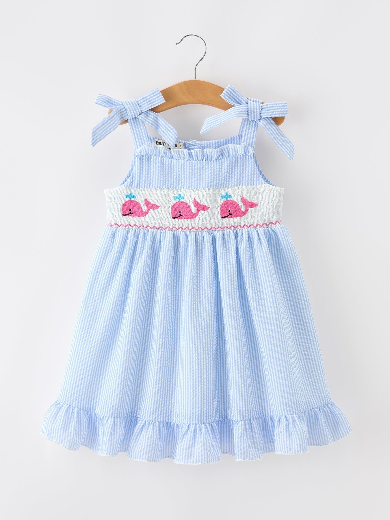 Whale Embroidered Smocked Seersucker Girls Dress Bow - Abbies Place