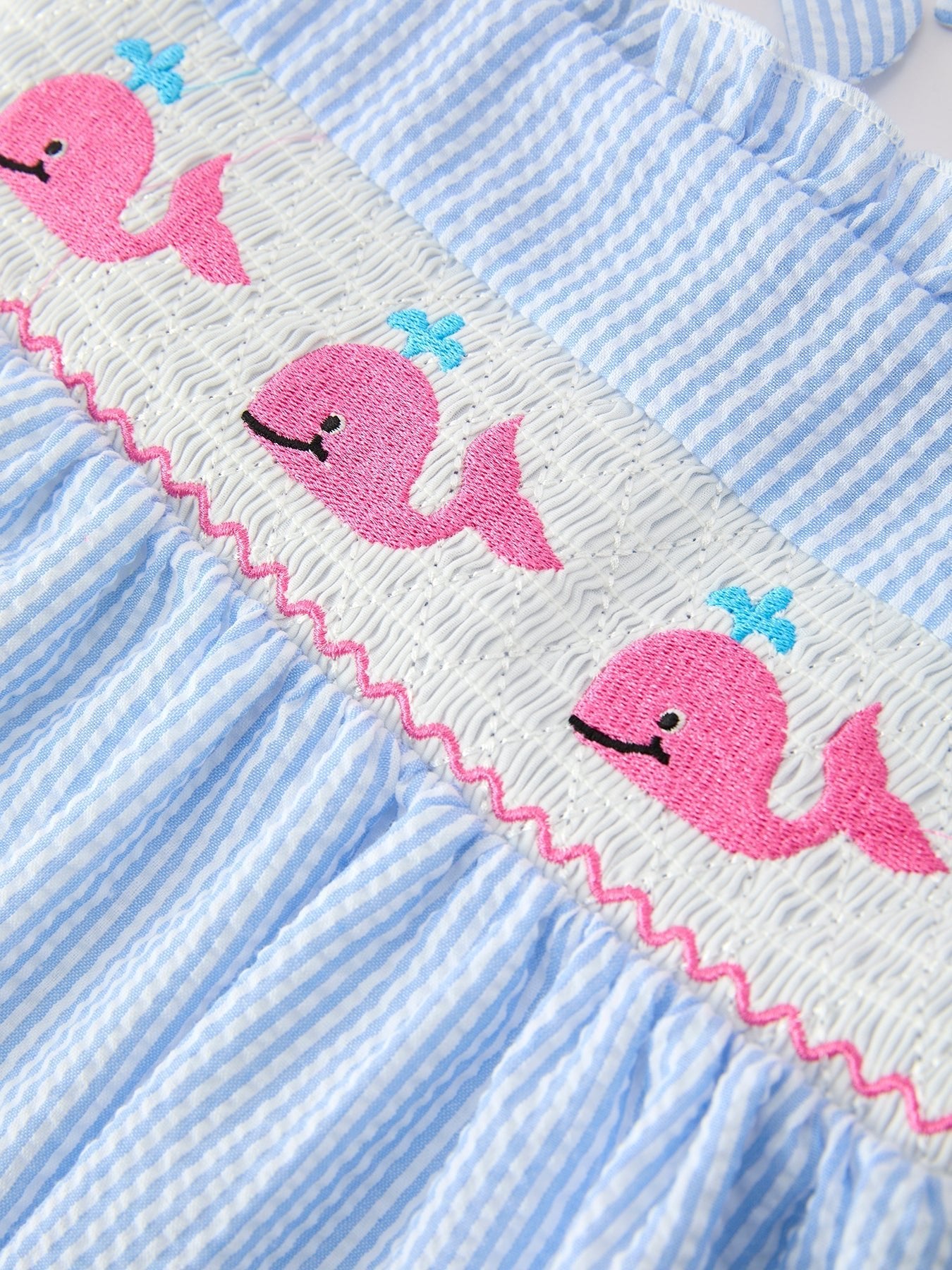 Whale Embroidered Smocked Seersucker Girls Dress Bow - Abbies Place
