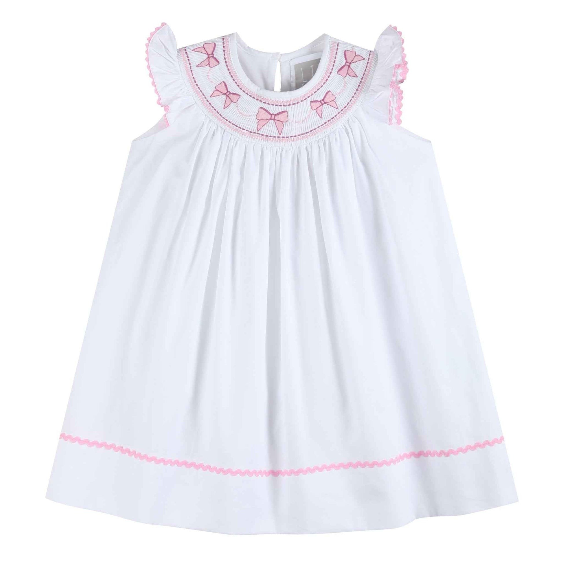 White and Pink Bows Smocked Bishop Dress - Abbies Place