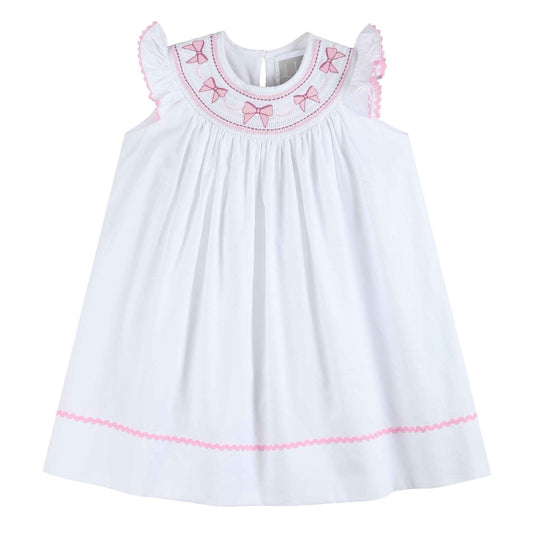 White and Pink Bows Smocked Bishop Dress - Abbies Place