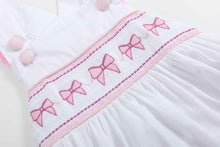 Load image into Gallery viewer, White and Pink Bows Smocked Ruffle Romper
