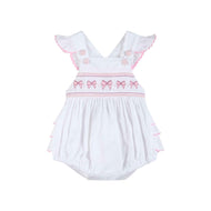 White and Pink Bows Smocked Ruffle Romper