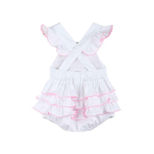 Load image into Gallery viewer, White and Pink Bows Smocked Ruffle Romper
