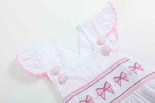 Load image into Gallery viewer, White and Pink Bows Smocked Ruffle Romper
