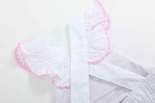 Load image into Gallery viewer, White and Pink Bows Smocked Ruffle Romper
