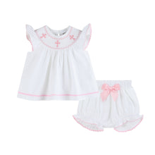 Load image into Gallery viewer, White and Pink Cross Smocked Dress and Bloomer Set
