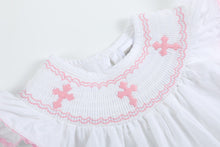 Load image into Gallery viewer, White and Pink Cross Smocked Dress and Bloomer Set
