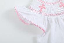 Load image into Gallery viewer, White and Pink Cross Smocked Dress and Bloomer Set
