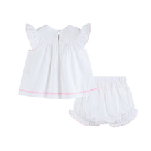 Load image into Gallery viewer, White and Pink Cross Smocked Dress and Bloomer Set
