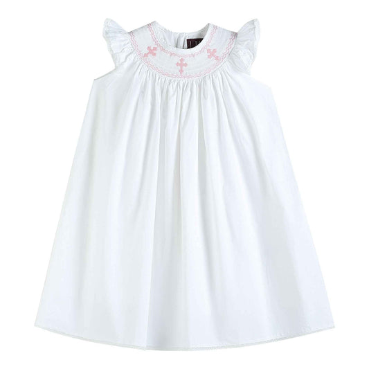 White and Pink Crosses Smocked Bishop Dress - Abbies Place