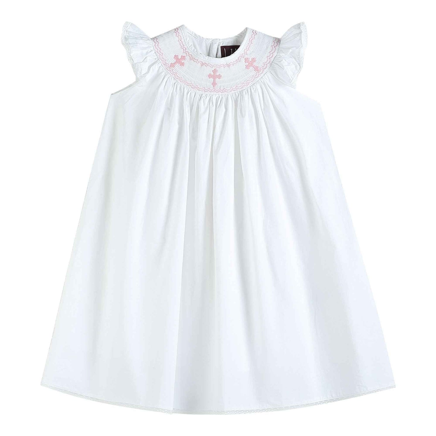 White and Pink Crosses Smocked Bishop Dress - Abbies Place