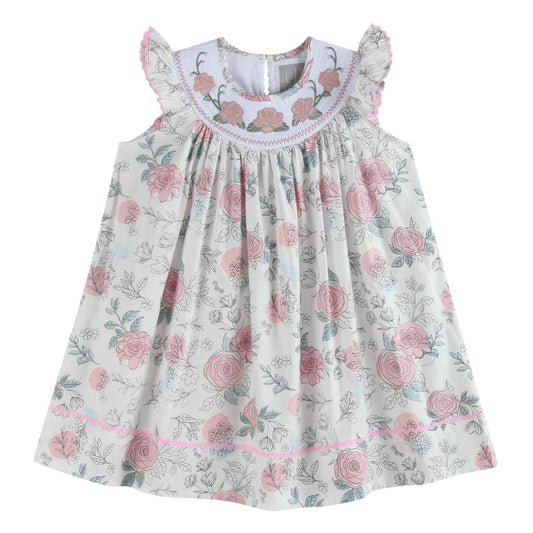 White and Pink Floral Smocked Bishop Dress - Abbies Place