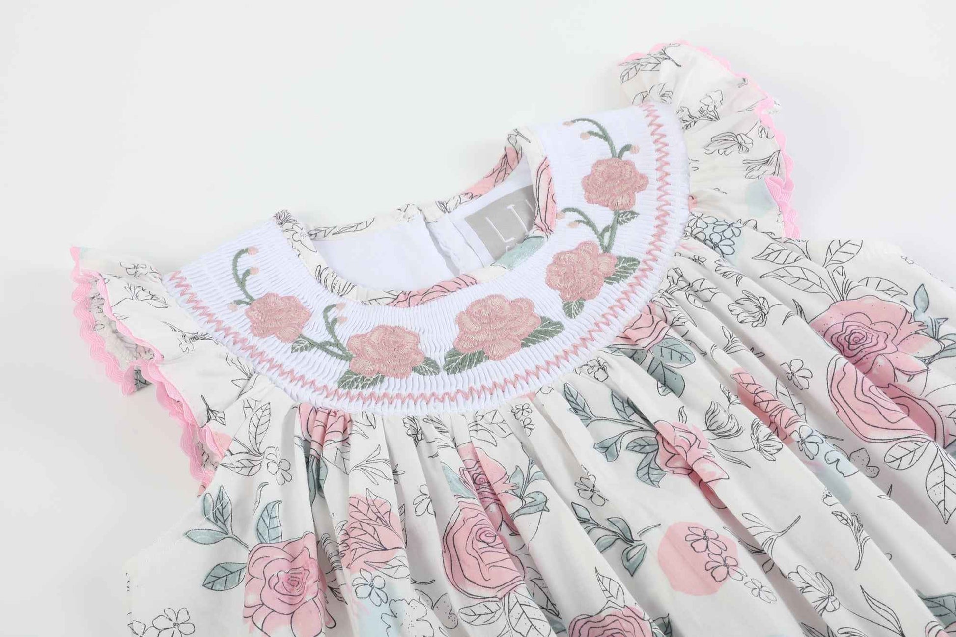 White and Pink Floral Smocked Bishop Dress - Abbies Place