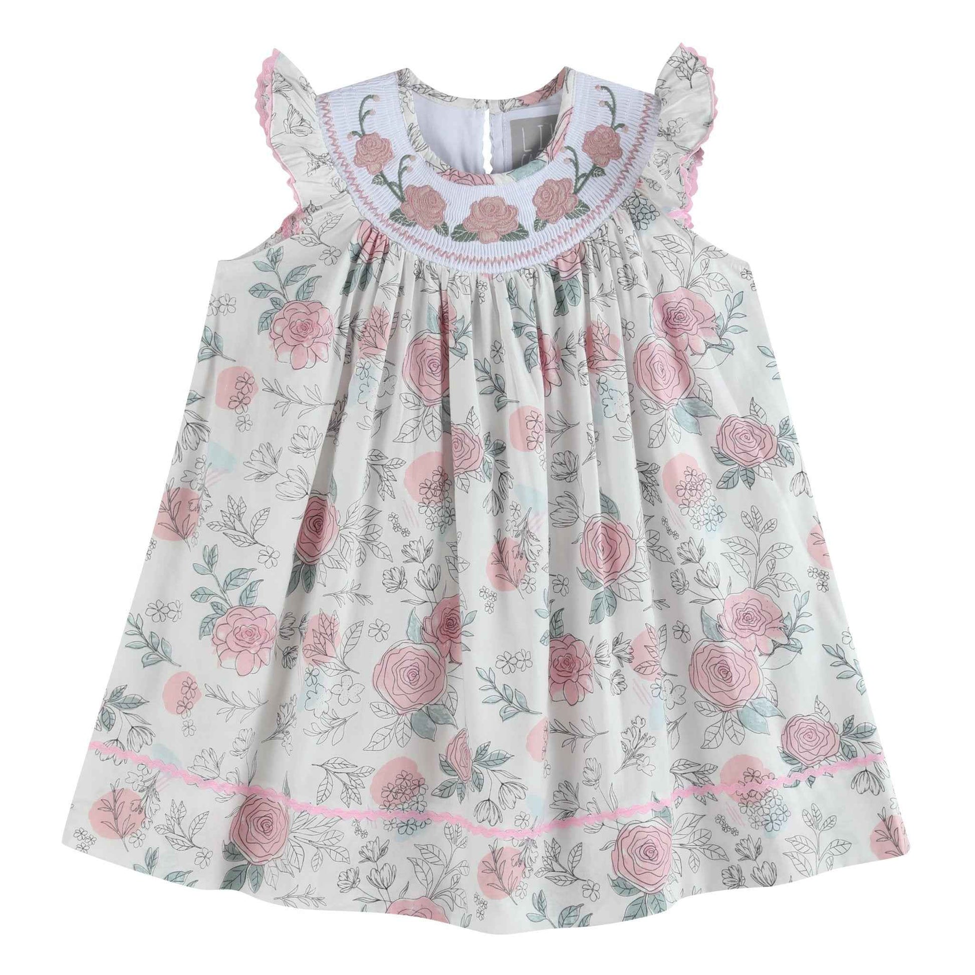 White and Pink Floral Smocked Bishop Dress - Abbies Place